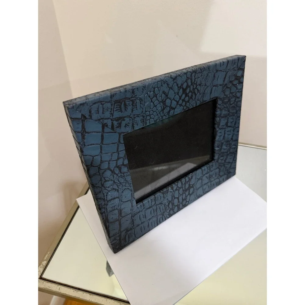 Navy Crocodile Embossed Genuine Leather Picture Frame Easel Back Chic